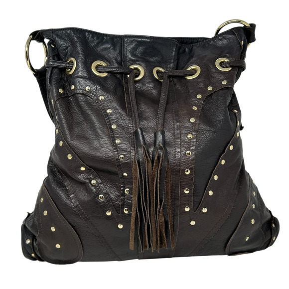 Bulga Brown Leather Studded Bucket Hobo Shoulder Bag Tassel Fringe Boho Hippie - Picture 2 of 16